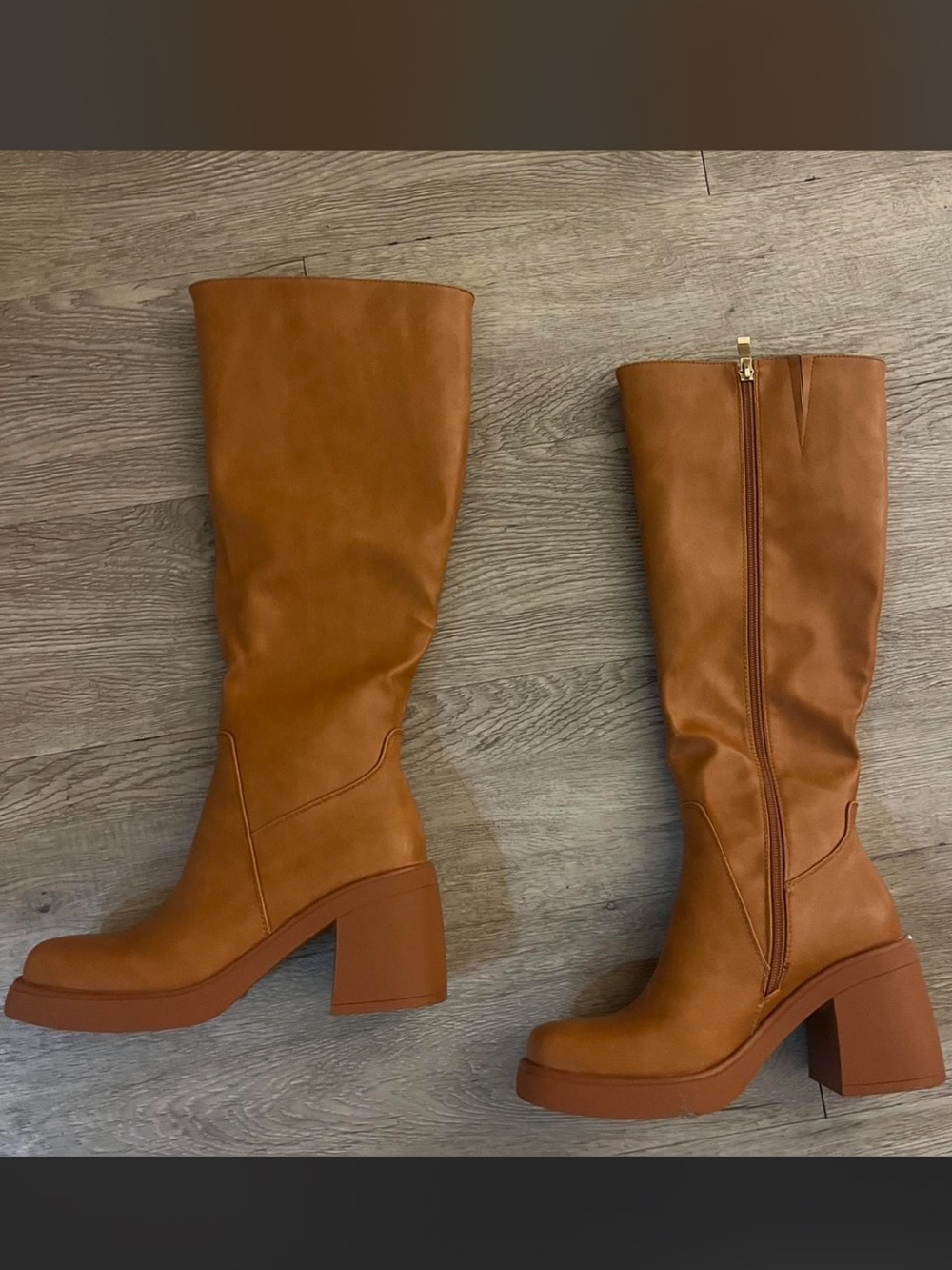 Source Unknown Cognac Tall Platform Block Heel Boots